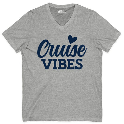 Cruise Vibes Shirt - Fun Cruise Vacation Apparel with Heart Design (V-Neck) in Athletic Heather - Cruise Vibes Shirt - Bold Script Font With Heart Motif Vacation Style
