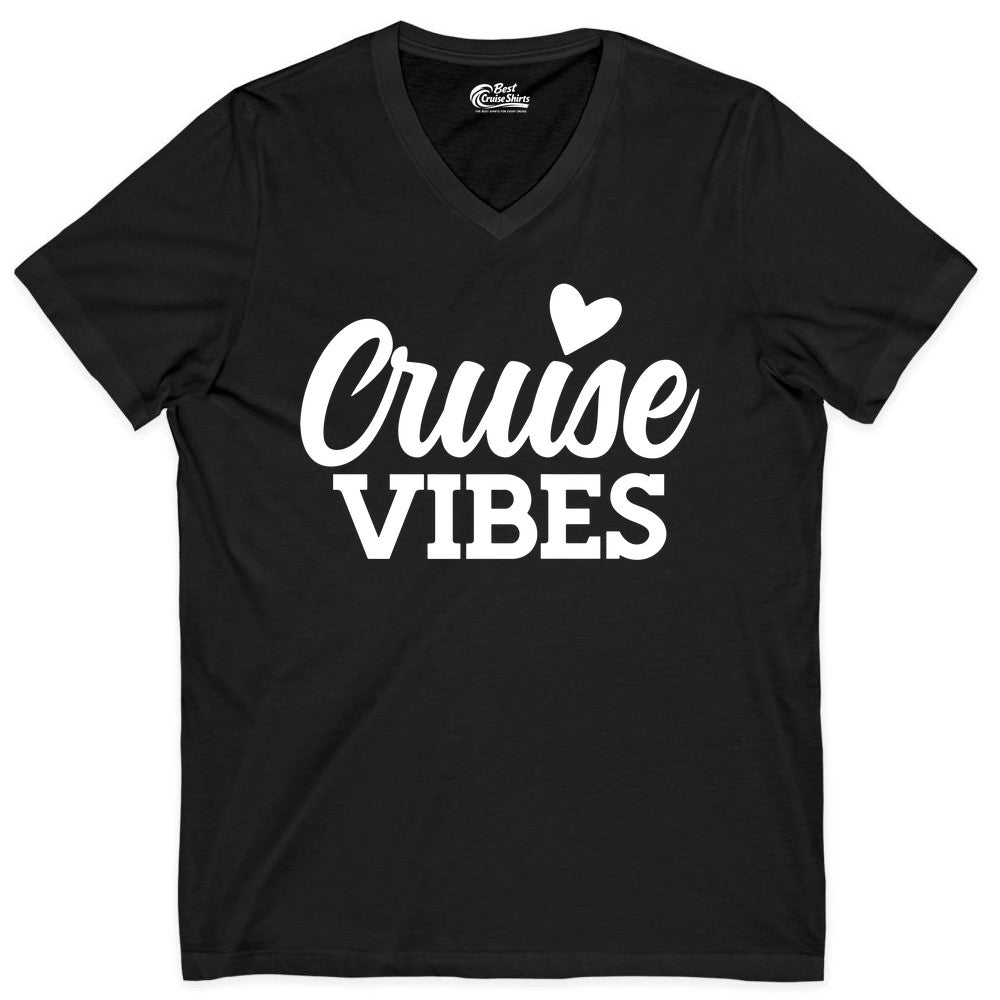 Cruise Vibes Shirt - Fun Cruise Vacation Apparel with Heart Design (V-Neck) in Black - Cruise Vibes Shirt - Bold Script Font With Heart Motif Vacation Style