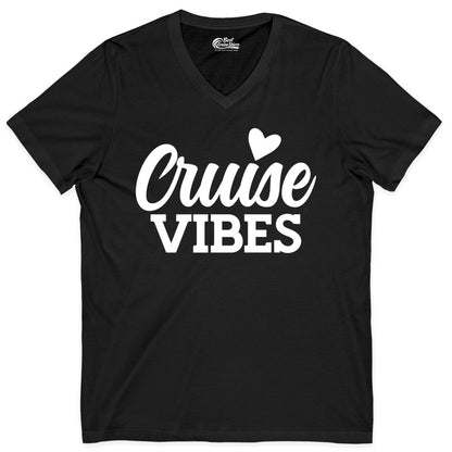 Cruise Vibes Shirt - Fun Cruise Vacation Apparel with Heart Design (V-Neck) in Black - Cruise Vibes Shirt - Bold Script Font With Heart Motif Vacation Style