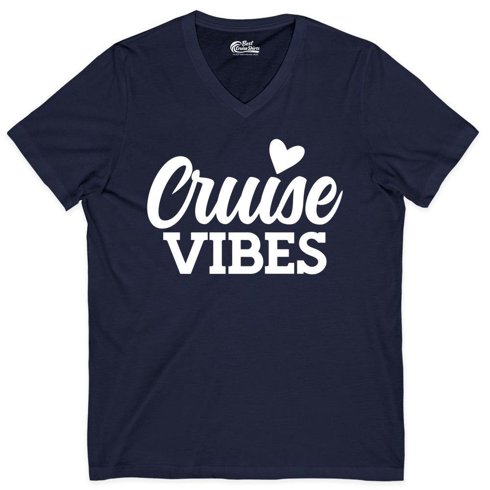 Cruise Vibes Shirt - Fun Cruise Vacation Apparel with Heart Design (V-Neck) in Navy - Cruise Vibes Shirt - Bold Script Font With Heart Motif Vacation Style
