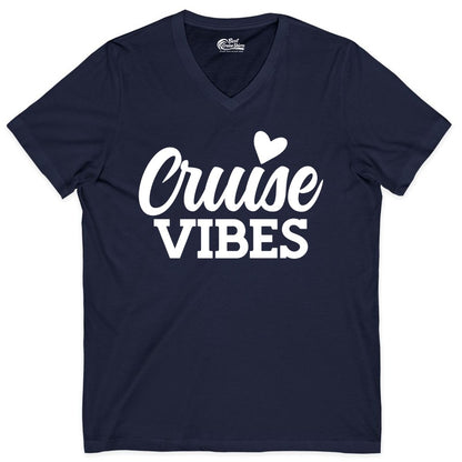 Cruise Vibes Shirt - Fun Cruise Vacation Apparel with Heart Design (V-Neck) in Navy - Cruise Vibes Shirt - Bold Script Font With Heart Motif Vacation Style