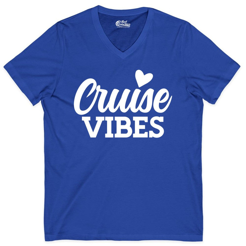 Cruise Vibes Shirt - Fun Cruise Vacation Apparel with Heart Design (V-Neck) in True Royal - Cruise Vibes Shirt - Bold Script Font With Heart Motif Vacation Style