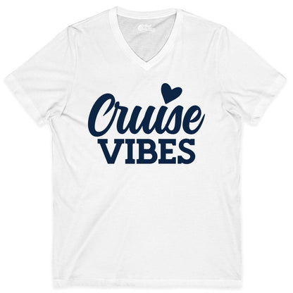 Cruise Vibes Shirt - Fun Cruise Vacation Apparel with Heart Design (V-Neck) in White - Cruise Vibes Shirt - Bold Script Font With Heart Motif Vacation Style