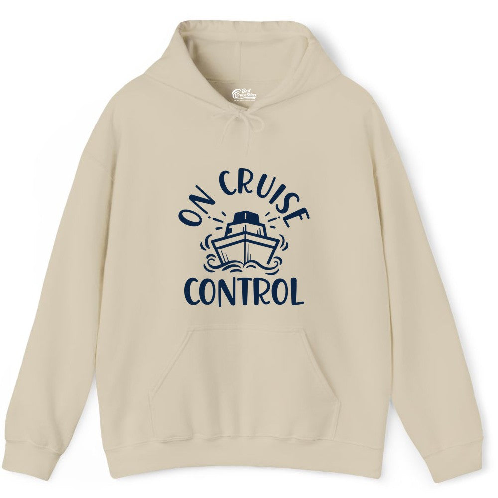 On Cruise Control Shirt - Funny Cruise Vacation Nautical Boat Tee (Hoodie) in Sand - On Cruise Control Nautical Humor Shirt with Bold Ship and Waves