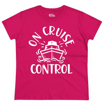 On Cruise Control Shirt - Funny Cruise Vacation Nautical Boat Tee (Ladies Tee) in Heliconia - On Cruise Control Nautical Humor Shirt with Bold Ship and Waves