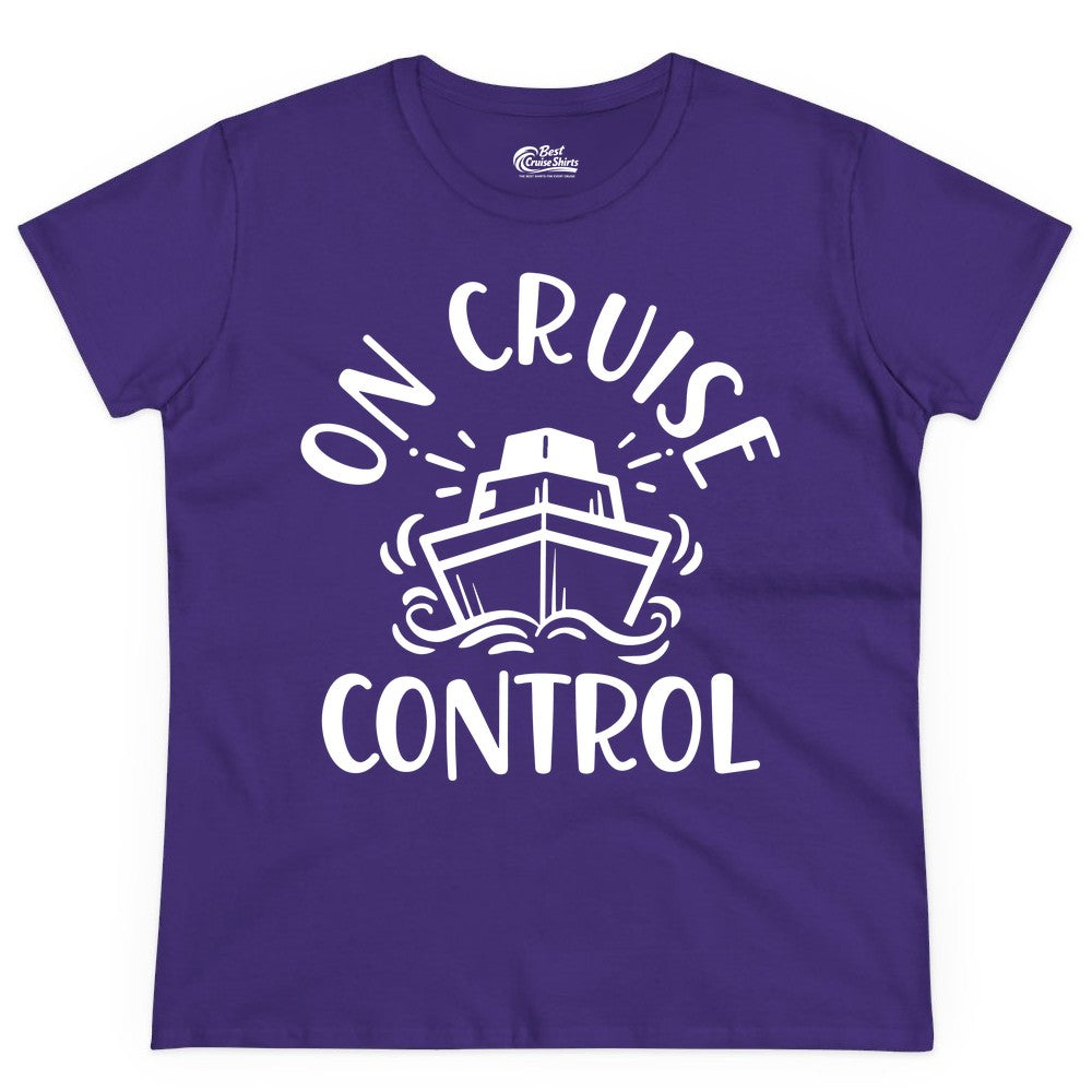 On Cruise Control Shirt - Funny Cruise Vacation Nautical Boat Tee (Ladies Tee) in Purple - On Cruise Control Nautical Humor Shirt with Bold Ship and Waves