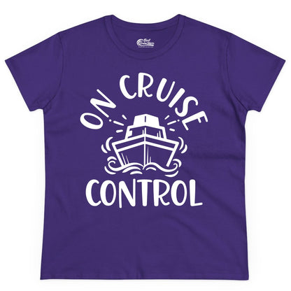 On Cruise Control Shirt - Funny Cruise Vacation Nautical Boat Tee (Ladies Tee) in Purple - On Cruise Control Nautical Humor Shirt with Bold Ship and Waves