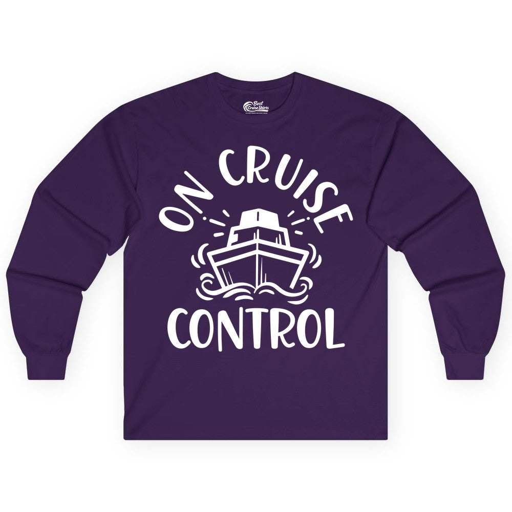 On Cruise Control Shirt - Funny Cruise Vacation Nautical Boat Tee (Long Sleeve) in Purple - On Cruise Control Nautical Humor Shirt with Bold Ship and Waves