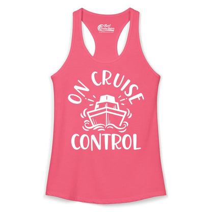 On Cruise Control Shirt - Funny Cruise Vacation Nautical Boat Tee (Ladies Tank) in Hot Pink - On Cruise Control Nautical Humor Shirt with Bold Ship and Waves