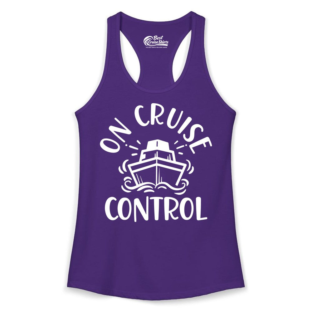 On Cruise Control Shirt - Funny Cruise Vacation Nautical Boat Tee (Ladies Tank) in Solid Purple Rush - On Cruise Control Nautical Humor Shirt with Bold Ship and Waves