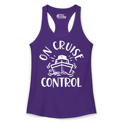 On Cruise Control Shirt - Funny Cruise Vacation Nautical Boat Tee (Ladies Tank) in Solid Purple Rush - On Cruise Control Nautical Humor Shirt with Bold Ship and Waves