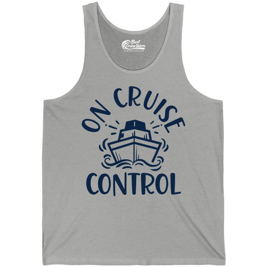 On Cruise Control Shirt - Funny Cruise Vacation Nautical Boat Tee (Tank Top) in Athletic Heather - On Cruise Control Nautical Humor Shirt with Bold Ship and Waves