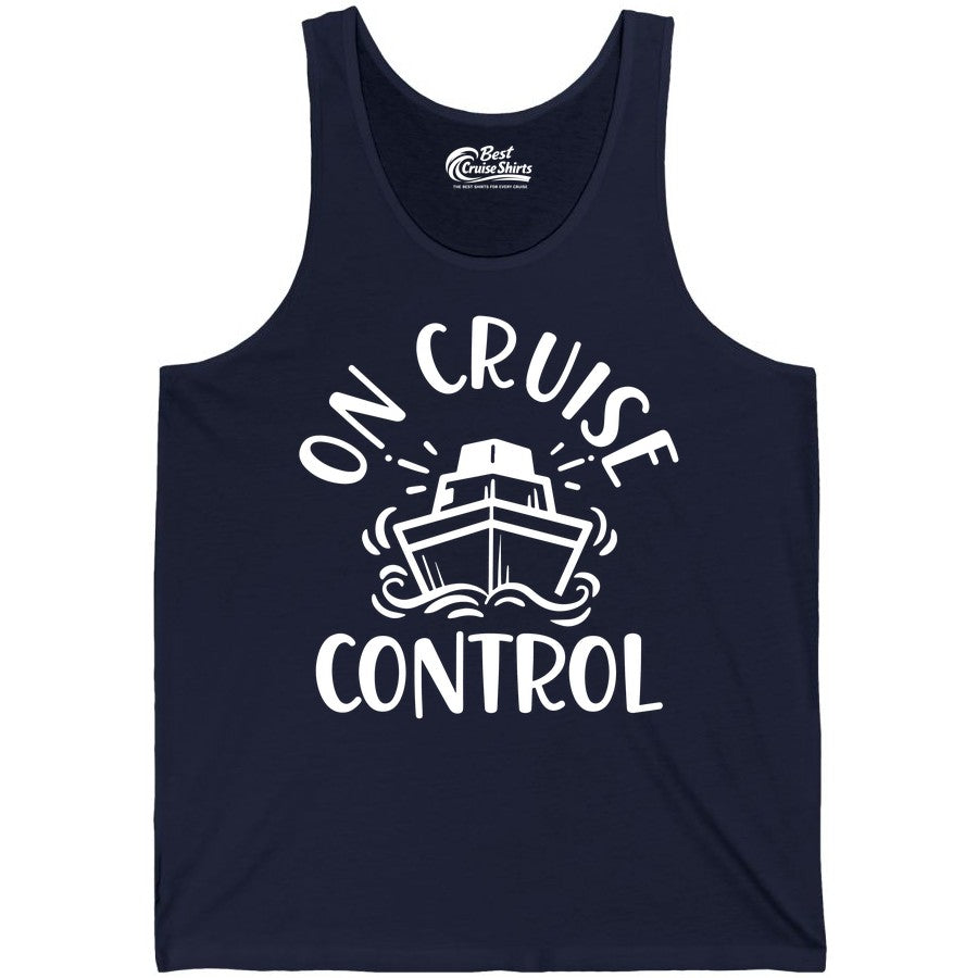 On Cruise Control Shirt - Funny Cruise Vacation Nautical Boat Tee (Tank Top) in Navy - On Cruise Control Nautical Humor Shirt with Bold Ship and Waves