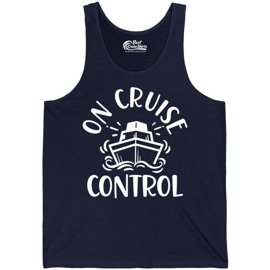 On Cruise Control Shirt - Funny Cruise Vacation Nautical Boat Tee (Tank Top) in Navy - On Cruise Control Nautical Humor Shirt with Bold Ship and Waves