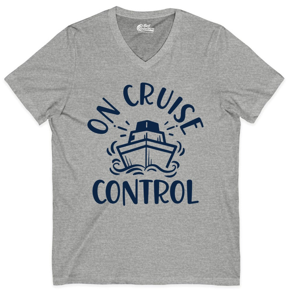 On Cruise Control Shirt - Funny Cruise Vacation Nautical Boat Tee (V-Neck) in Athletic Heather - On Cruise Control Nautical Humor Shirt with Bold Ship and Waves
