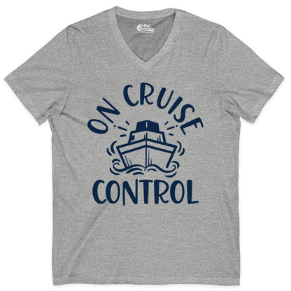 On Cruise Control Shirt - Funny Cruise Vacation Nautical Boat Tee (V-Neck) in Athletic Heather - On Cruise Control Nautical Humor Shirt with Bold Ship and Waves