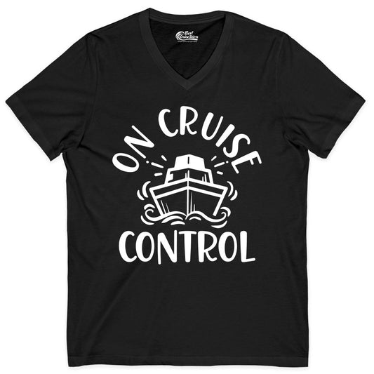 On Cruise Control Shirt - Funny Cruise Vacation Nautical Boat Tee (V-Neck) in Black - On Cruise Control Nautical Humor Shirt with Bold Ship and Waves