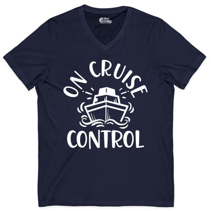 On Cruise Control Shirt - Funny Cruise Vacation Nautical Boat Tee (V-Neck) in Navy - On Cruise Control Nautical Humor Shirt with Bold Ship and Waves