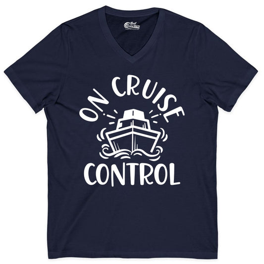 On Cruise Control Shirt - Funny Cruise Vacation Nautical Boat Tee (V-Neck) in Navy - On Cruise Control Nautical Humor Shirt with Bold Ship and Waves