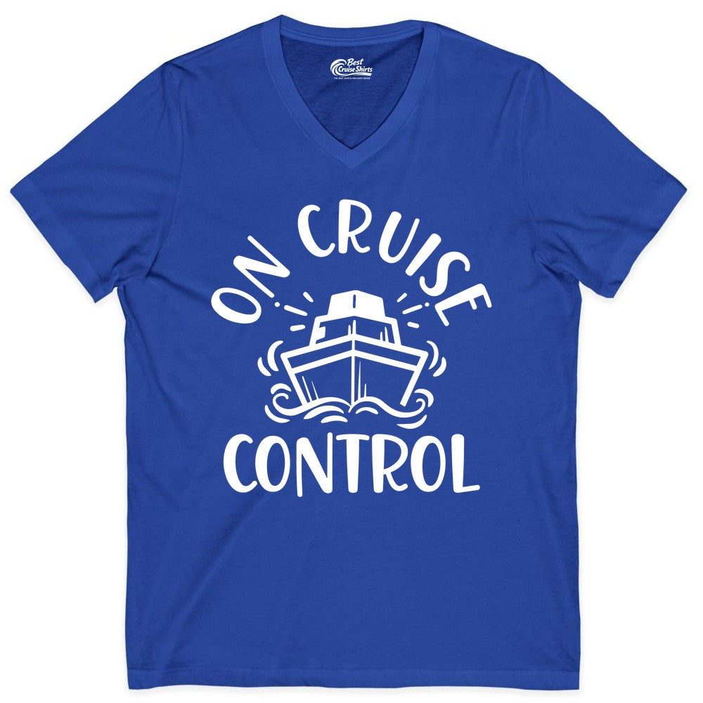 On Cruise Control Shirt - Funny Cruise Vacation Nautical Boat Tee (V-Neck) in True Royal - On Cruise Control Nautical Humor Shirt with Bold Ship and Waves