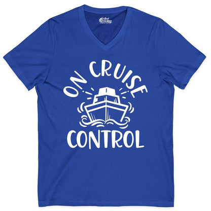 On Cruise Control Shirt - Funny Cruise Vacation Nautical Boat Tee (V-Neck) in True Royal - On Cruise Control Nautical Humor Shirt with Bold Ship and Waves