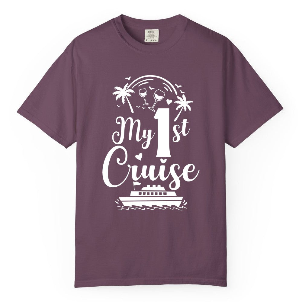 My First Cruise Shirt - Tropical Cruise Vacation Party Apparel (Comfort Color) in Berry - My First Cruise Shirt - Palm Trees Wine Glasses Tropical Party Design