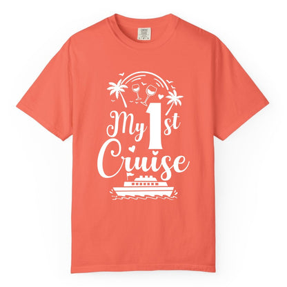 My First Cruise Shirt - Tropical Cruise Vacation Party Apparel (Comfort Color) in Bright Salmon - My First Cruise Shirt - Palm Trees Wine Glasses Tropical Party Design