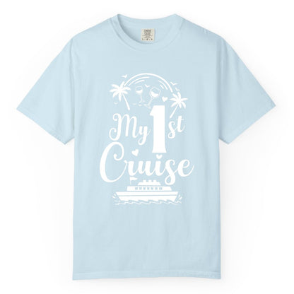 My First Cruise Shirt - Tropical Cruise Vacation Party Apparel (Comfort Color) in Chambray - My First Cruise Shirt - Palm Trees Wine Glasses Tropical Party Design