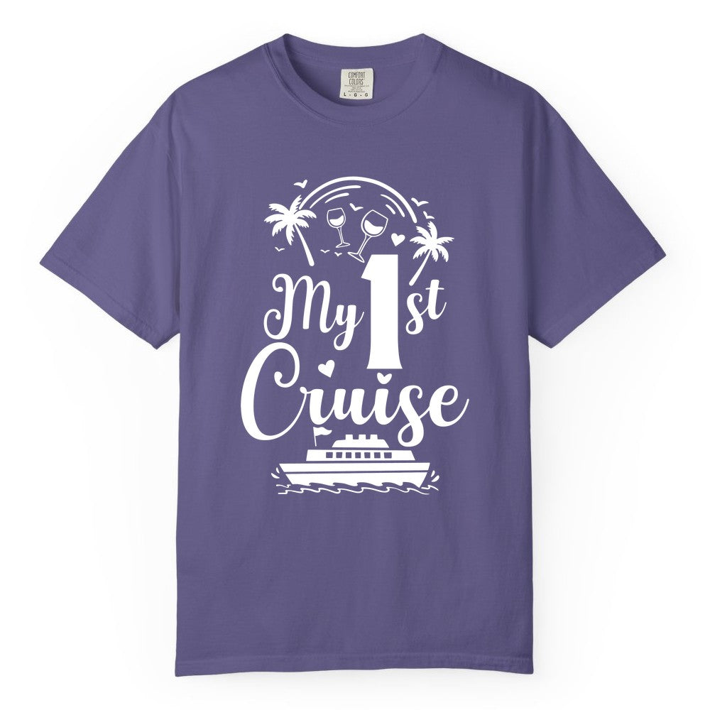 My First Cruise Shirt - Tropical Cruise Vacation Party Apparel (Comfort Color) in Grape - My First Cruise Shirt - Palm Trees Wine Glasses Tropical Party Design
