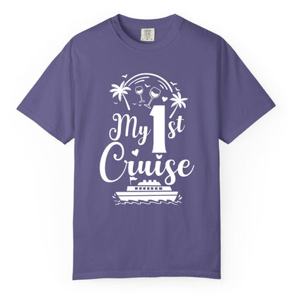 My First Cruise Shirt - Tropical Cruise Vacation Party Apparel (Comfort Color) in Grape - My First Cruise Shirt - Palm Trees Wine Glasses Tropical Party Design