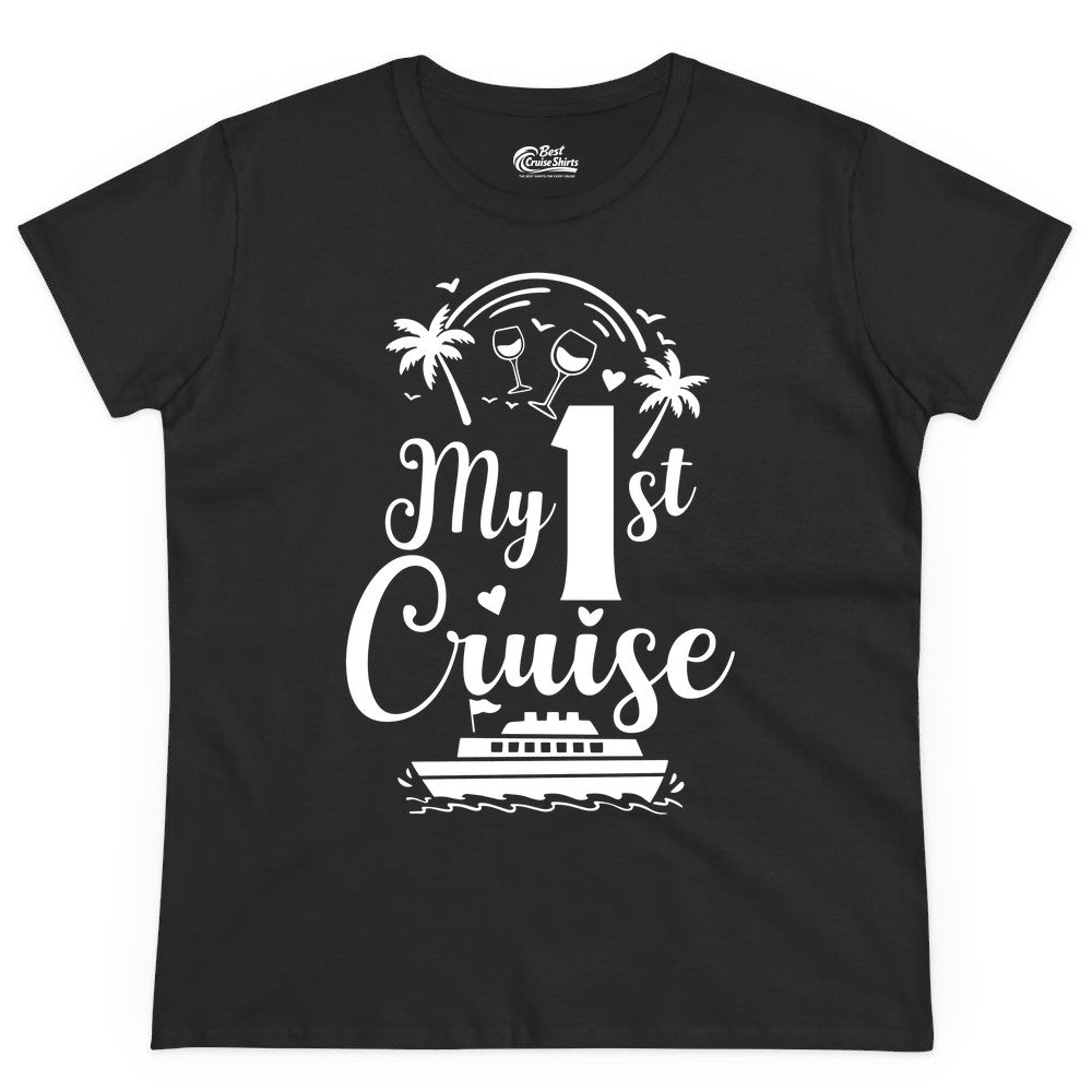 My First Cruise Shirt - Tropical Cruise Vacation Party Apparel (Ladies Tee) in Black - My First Cruise Shirt - Palm Trees Wine Glasses Tropical Party Design