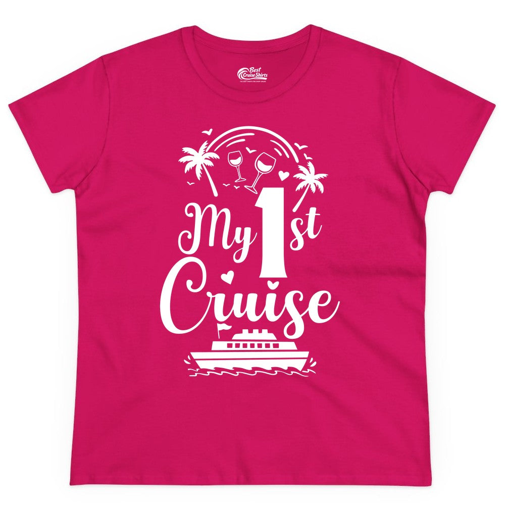 My First Cruise Shirt - Tropical Cruise Vacation Party Apparel (Ladies Tee) in Heliconia - My First Cruise Shirt - Palm Trees Wine Glasses Tropical Party Design