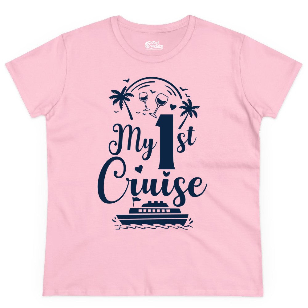 My First Cruise Shirt - Tropical Cruise Vacation Party Apparel (Ladies Tee) in Light Pink - My First Cruise Shirt - Palm Trees Wine Glasses Tropical Party Design