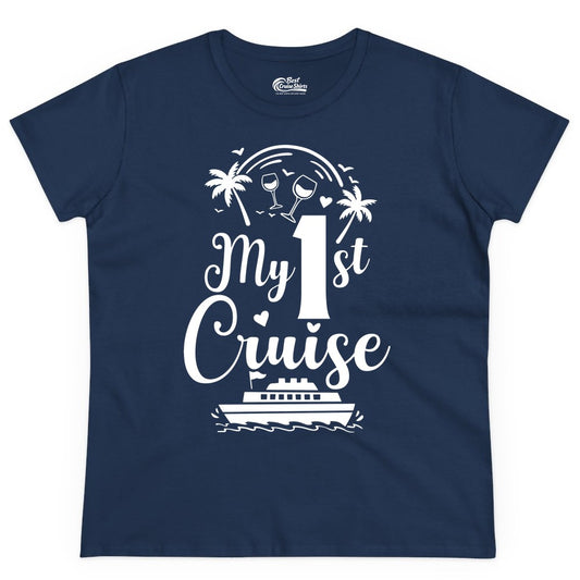 My First Cruise Shirt - Tropical Cruise Vacation Party Apparel (Ladies Tee) in Navy - My First Cruise Shirt - Palm Trees Wine Glasses Tropical Party Design