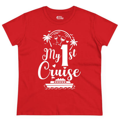 My First Cruise Shirt - Tropical Cruise Vacation Party Apparel (Ladies Tee) in Red - My First Cruise Shirt - Palm Trees Wine Glasses Tropical Party Design