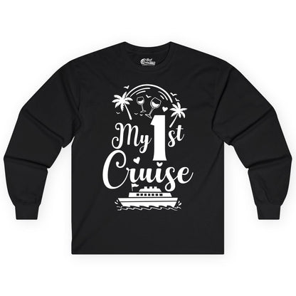 My First Cruise Shirt - Tropical Cruise Vacation Party Apparel (Long Sleeve) in Black - My First Cruise Shirt - Palm Trees Wine Glasses Tropical Party Design