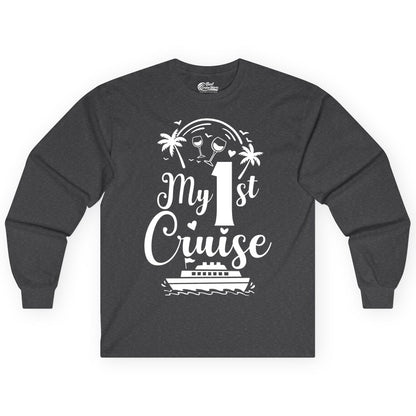 My First Cruise Shirt - Tropical Cruise Vacation Party Apparel (Long Sleeve) in Dark Heather - My First Cruise Shirt - Palm Trees Wine Glasses Tropical Party Design