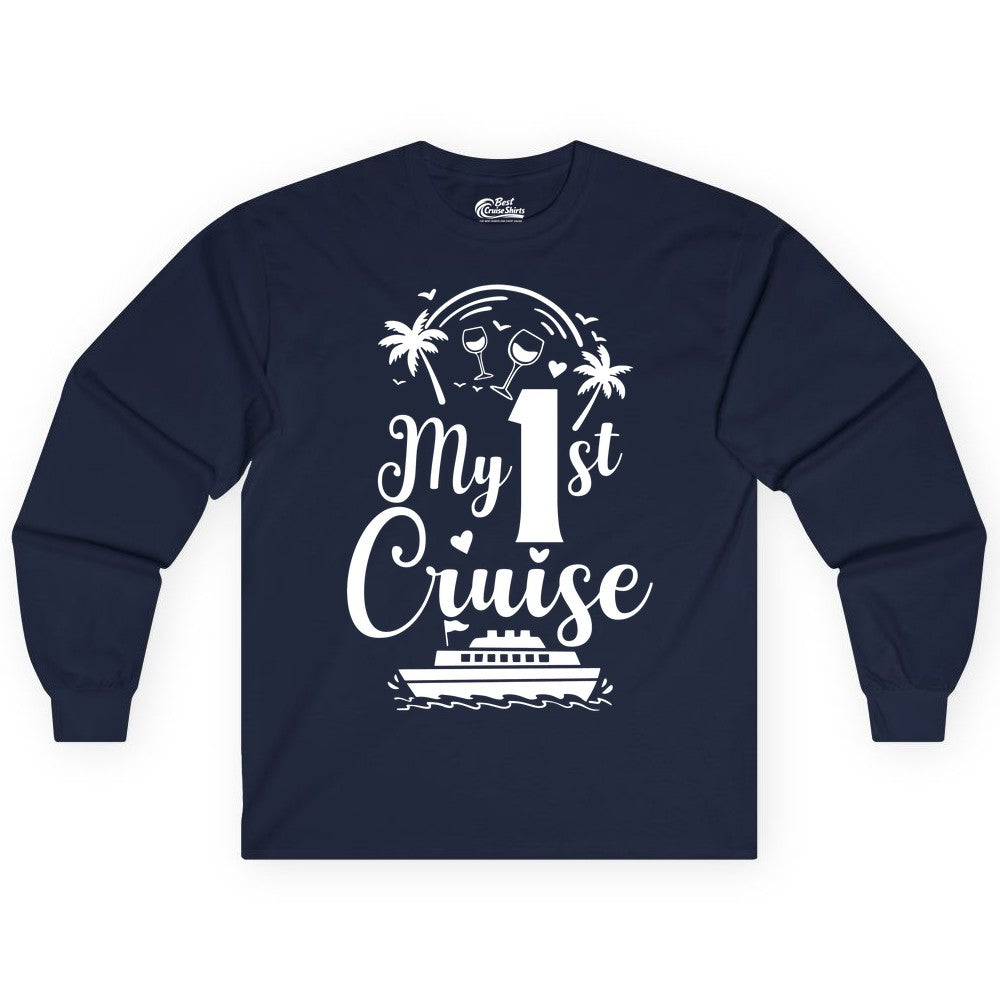 My First Cruise Shirt - Tropical Cruise Vacation Party Apparel (Long Sleeve) in Navy - My First Cruise Shirt - Palm Trees Wine Glasses Tropical Party Design