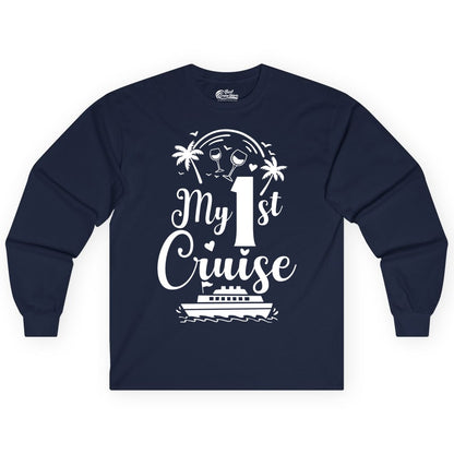 My First Cruise Shirt - Tropical Cruise Vacation Party Apparel (Long Sleeve) in Navy - My First Cruise Shirt - Palm Trees Wine Glasses Tropical Party Design
