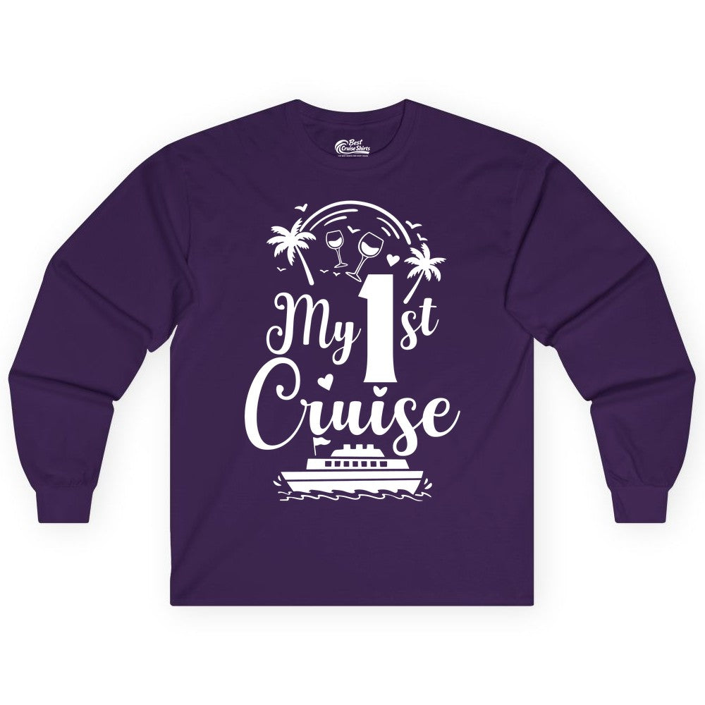 My First Cruise Shirt - Tropical Cruise Vacation Party Apparel (Long Sleeve) in Purple - My First Cruise Shirt - Palm Trees Wine Glasses Tropical Party Design