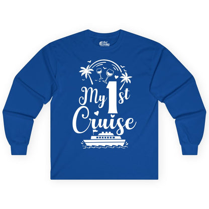 My First Cruise Shirt - Tropical Cruise Vacation Party Apparel (Long Sleeve) in Royal - My First Cruise Shirt - Palm Trees Wine Glasses Tropical Party Design