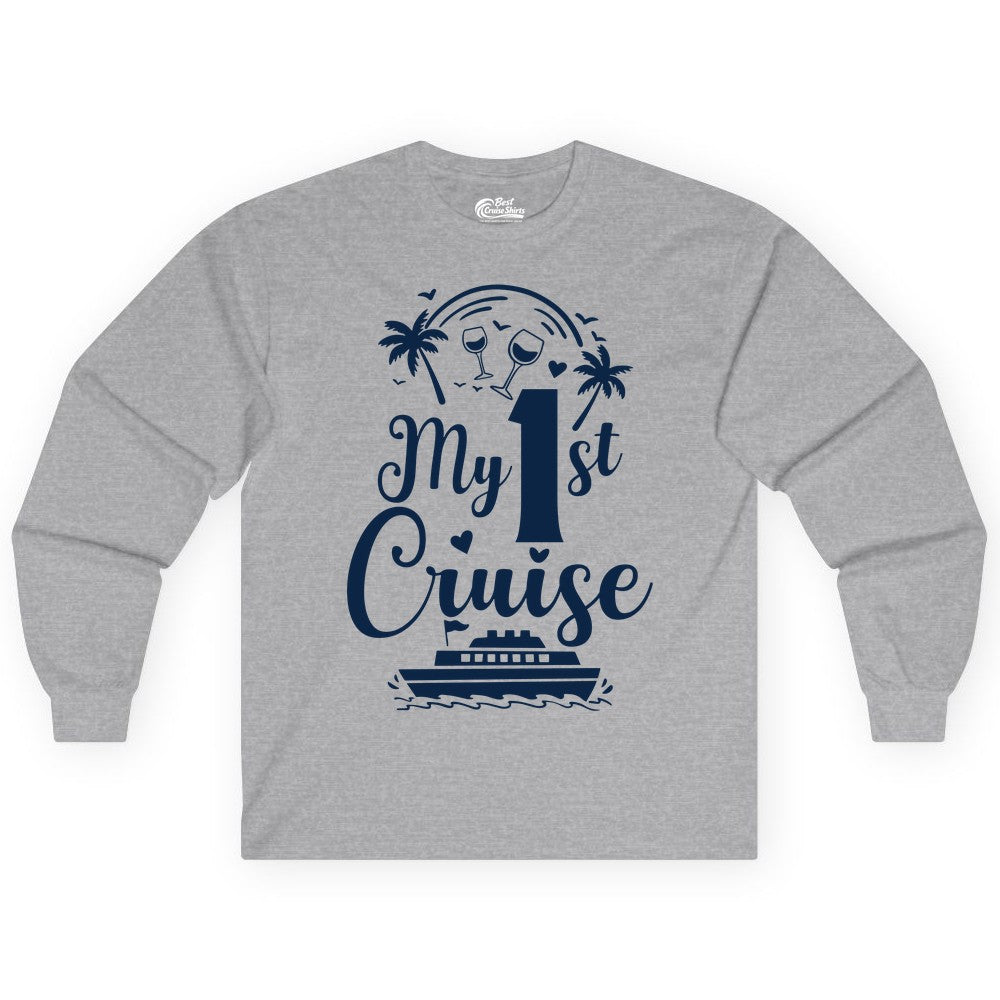 My First Cruise Shirt - Tropical Cruise Vacation Party Apparel (Long Sleeve) in Sport Grey - My First Cruise Shirt - Palm Trees Wine Glasses Tropical Party Design
