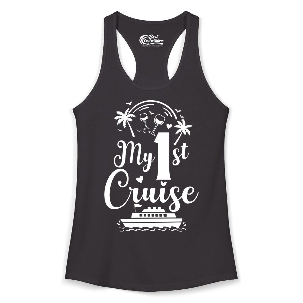 My First Cruise Shirt - Tropical Cruise Vacation Party Apparel (Ladies Tank) in Black - My First Cruise Shirt - Palm Trees Wine Glasses Tropical Party Design
