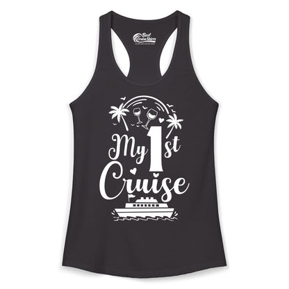 My First Cruise Shirt - Tropical Cruise Vacation Party Apparel (Ladies Tank) in Black - My First Cruise Shirt - Palm Trees Wine Glasses Tropical Party Design