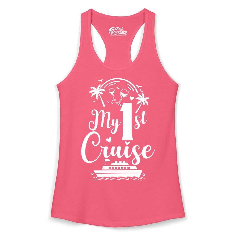 My First Cruise Shirt - Tropical Cruise Vacation Party Apparel (Ladies Tank) in Hot Pink - My First Cruise Shirt - Palm Trees Wine Glasses Tropical Party Design