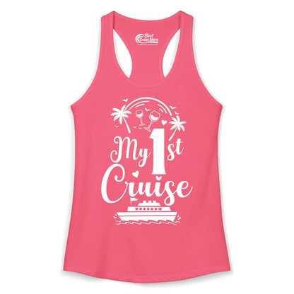 My First Cruise Shirt - Tropical Cruise Vacation Party Apparel (Ladies Tank) in Hot Pink - My First Cruise Shirt - Palm Trees Wine Glasses Tropical Party Design