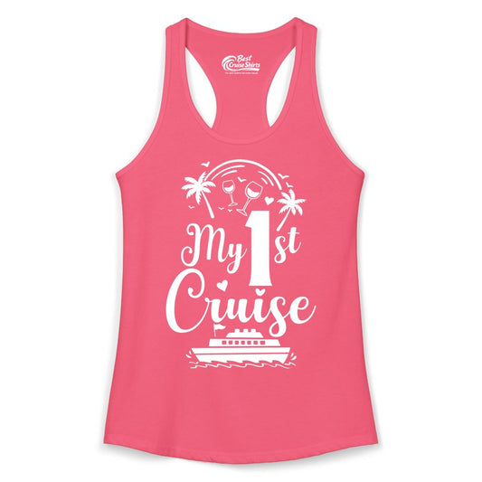 My First Cruise Shirt - Tropical Cruise Vacation Party Apparel (Ladies Tank) in Hot Pink - My First Cruise Shirt - Palm Trees Wine Glasses Tropical Party Design