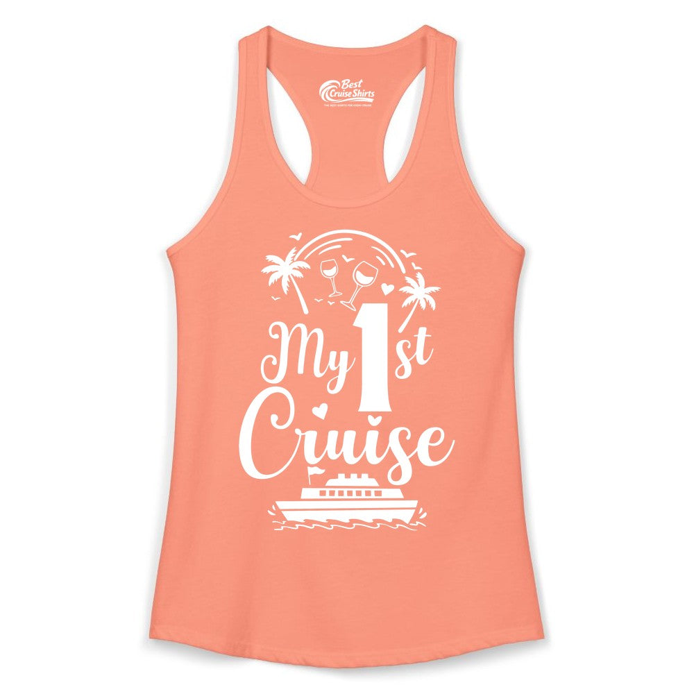 My First Cruise Shirt - Tropical Cruise Vacation Party Apparel (Ladies Tank) in Solid Light Orange - My First Cruise Shirt - Palm Trees Wine Glasses Tropical Party Design