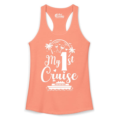 My First Cruise Shirt - Tropical Cruise Vacation Party Apparel (Ladies Tank) in Solid Light Orange - My First Cruise Shirt - Palm Trees Wine Glasses Tropical Party Design