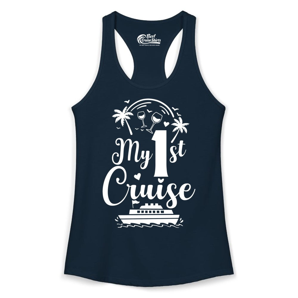My First Cruise Shirt - Tropical Cruise Vacation Party Apparel (Ladies Tank) in Solid Midnight Navy - My First Cruise Shirt - Palm Trees Wine Glasses Tropical Party Design